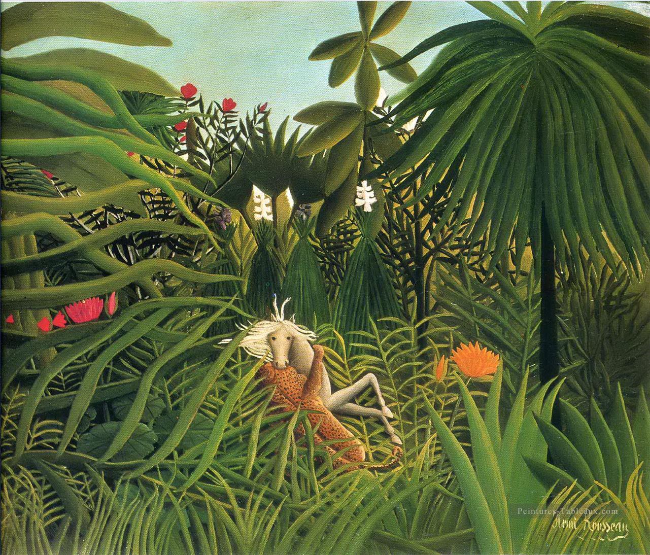 Jaguar attaquant un cheval 1910 Henri Rousseau post impressionnisme Naive primitivisme Peintures à l'huile